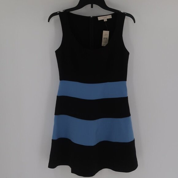 LOFT Women's Black Blue Fit Flare Style Color Block Dress Size 2P NWT - Picture 1 of 5